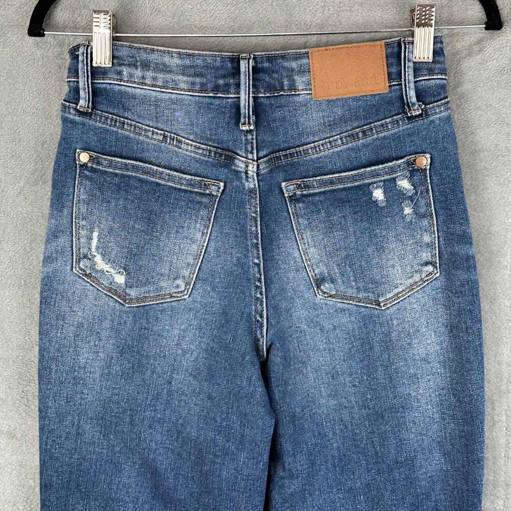 Judy Blue Jeans Womens 3/26 Blue Slim Fit Medium Wash Distressed Raw Hem Whisker - Picture 4 of 14